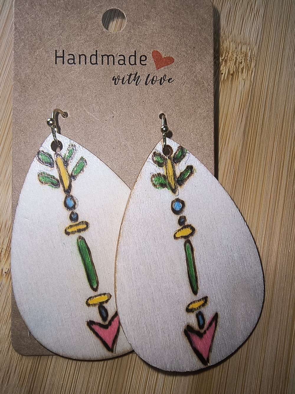 Hand Crafted Pink, Green & Blue Teardrop Wooden Earrings